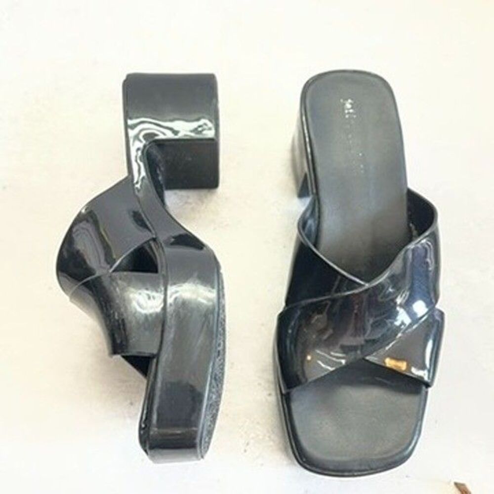 Jeffrey Campbell Bubblegum Black Jelly Crisscross Block Heel Sandals Womens US 9